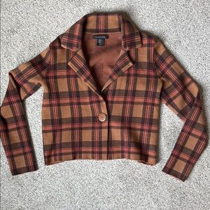 Tahari Plaid Cropped Sweater Jacket Cardigan Blazer - Brown Small